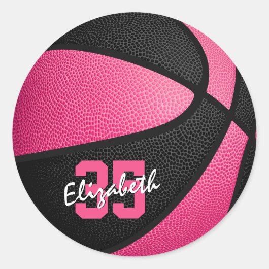 Roze, gepersonaliseerde basketbal ronde sticker (Voorkant)