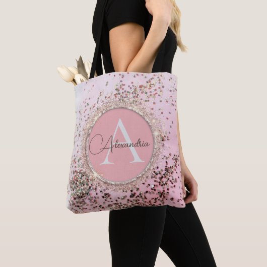 Roze Gepersonaliseerde Chic Confetti Glitter Tote Bag (Dichtbij)