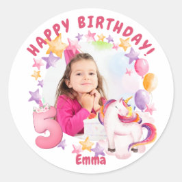 Roze Gepersonaliseerde Eenhoorn 5e Verjaardag Meis Ronde Sticker