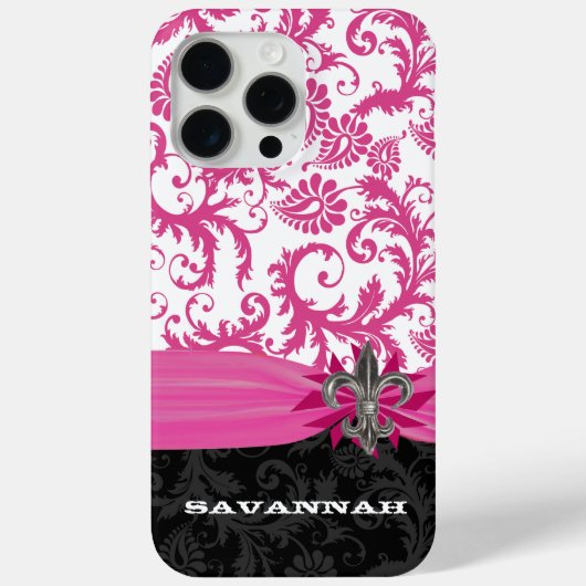 Roze Gepersonaliseerde Faux Fleur de lis Damask iP Case-Mate iPhone Case (Achterkant)