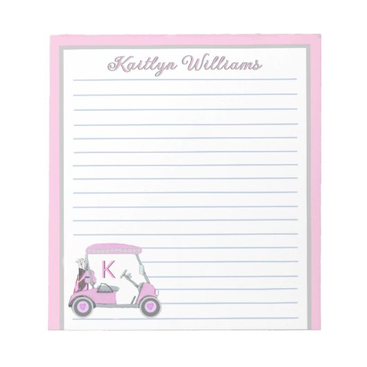 Roze Gepersonaliseerde Golf Winkelwagen Naam Lined Notitieblok (Voorkant)