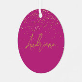 Roze Gepersonaliseerde Gouden Naam Glitter Sparkle Metalen Ornament (Voorkant links)