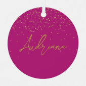 Roze Gepersonaliseerde Gouden Naam Glitter Sparkle Metalen Ornament (Voorkant)