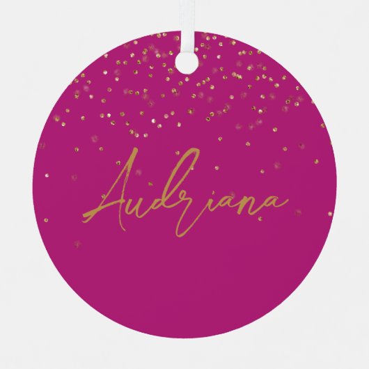 Roze Gepersonaliseerde Gouden Naam Glitter Sparkle Metalen Ornament (Voorkant)