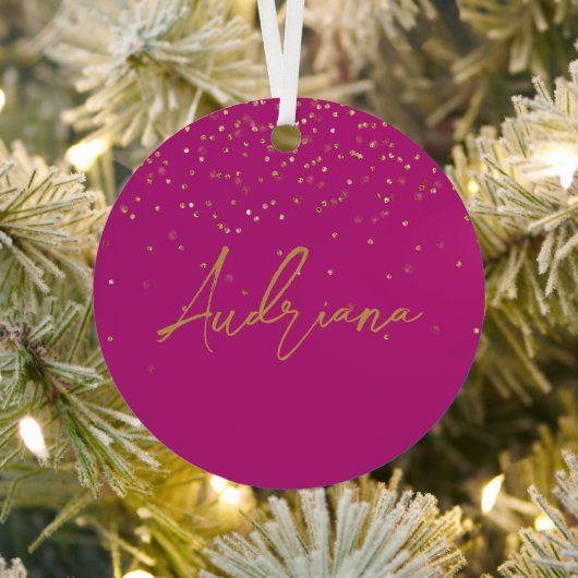 Roze Gepersonaliseerde Gouden Naam Glitter Sparkle Metalen Ornament (Insitu)