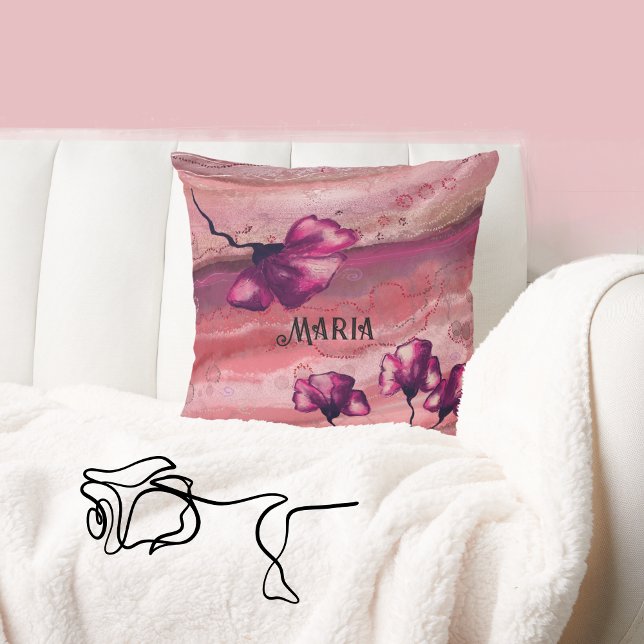 Roze gepersonaliseerde kunstbloemen kussen (Pink Personalized Art Flowers Pillow)