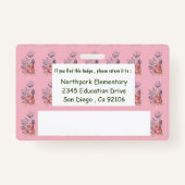 Roze, gepersonaliseerde leerlingenbadge met roze f badge (Achterkant)