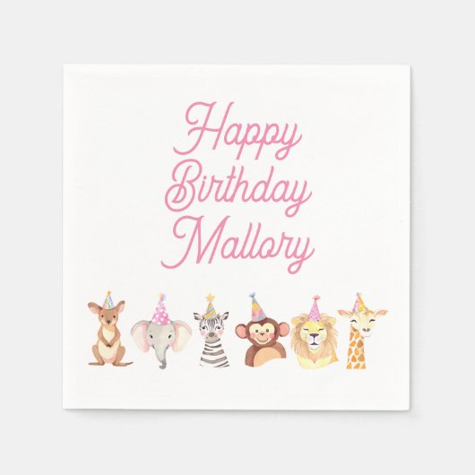 Roze Gepersonaliseerde Partij Dier Verjaardag serv Servet (Voorkant)