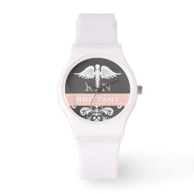 ROZE GEPERSONALISEERDE VERPLEEGSTER RN CADUCEUS KR HORLOGE (Voorkant)