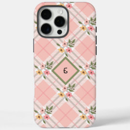 Roze gepleisterd bloemmonogram iPhone 16 pro max hoesje