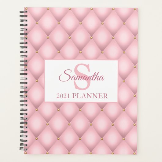 Roze Gequilteerde Patroon Monogram Luxe Planner (Voorkant)