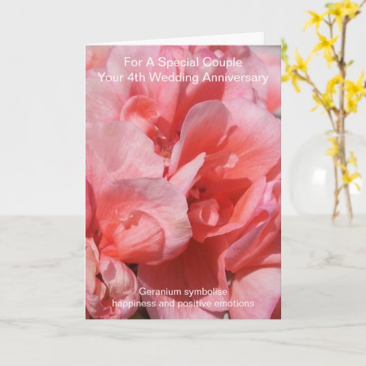 Roze Geranium Specialized 4th Wedding Jubileum Kaart (Gele Bloem)