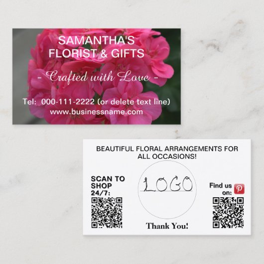 Roze Geranium Zakelijk Logo QR Code 3,5 x 2,0 Visitekaartje (Voorkant / Achterkant)