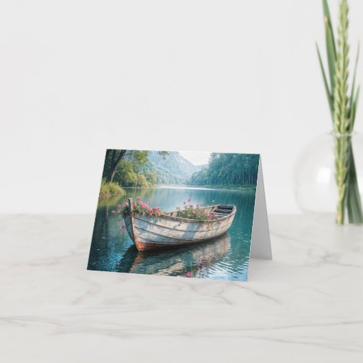 Roze geraniums in een houten roeiboot feestdagen kaart (Voorkant)