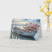 Roze geraniums in een houten roeiboot sympathie kaart (Gele Bloem)