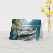Roze geraniums in een houten roeiboot sympathie kaart (Gele Bloem)