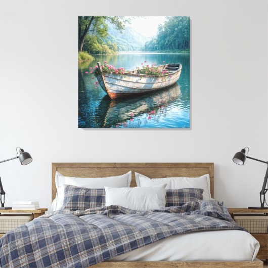 Roze geraniums in een oude roeiboot canvas afdruk (Insitu (Slaapkamer))
