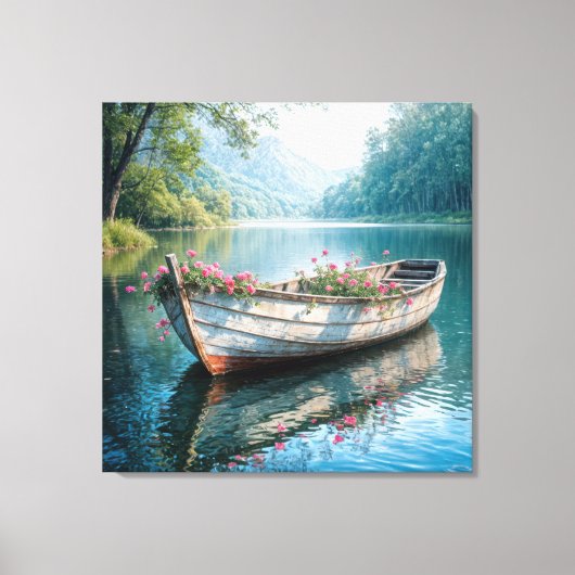 Roze geraniums in een oude roeiboot canvas afdruk (Voorkant)