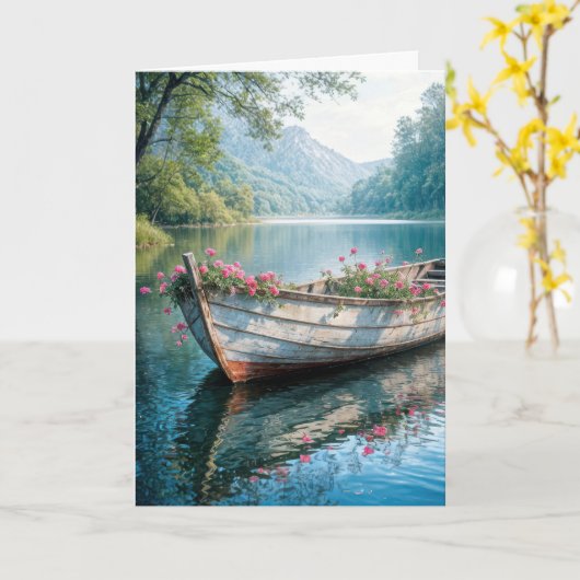 Roze geraniums in een roeiboot kaart (Gele Bloem)