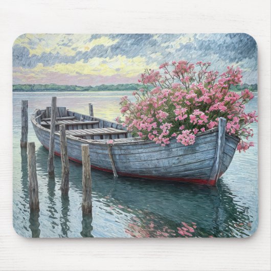 Roze geraniums in een rustieke roeiboot muismat (Voorkant)