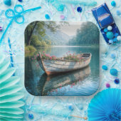 Roze geraniums in een rustieke roeiboot papieren bordje (Feest)