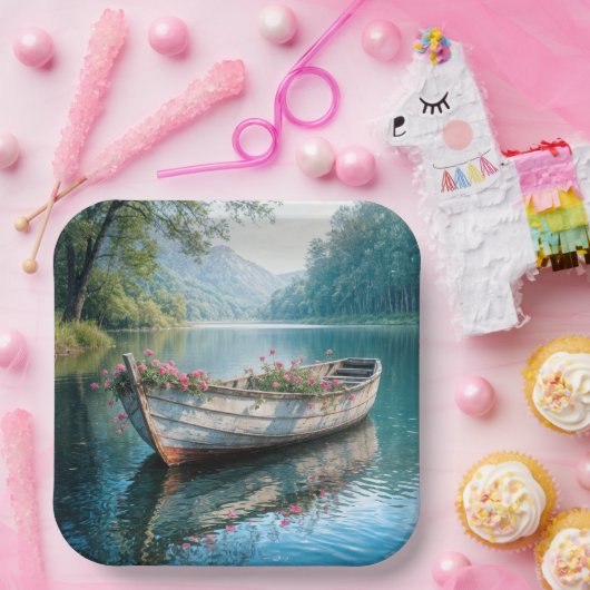 Roze geraniums in een rustieke roeiboot papieren bordje (Feest)