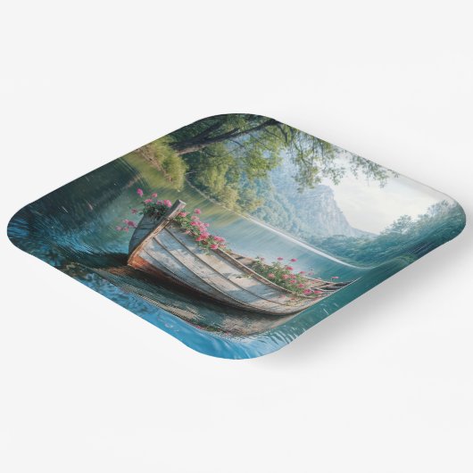 Roze geraniums in een rustieke roeiboot papieren bordje (Gebogen)