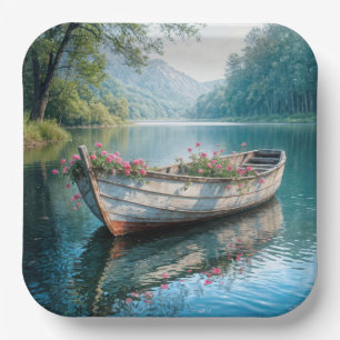 Roze geraniums in een rustieke roeiboot papieren bordje