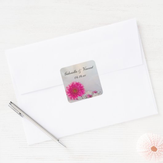Roze Gerber Daisy Buttonnen Bruiloft Envelope Seal Vierkante Sticker (Envelop)