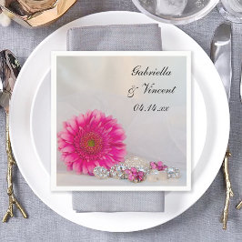 Roze Gerber Daisy en Diamond Buttonnen Bruiloft Servetten