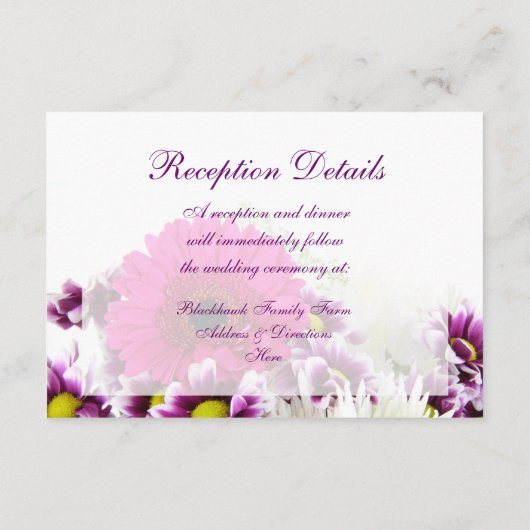 roze Gerber Daisy en Paarse bruiloft Informatiekaartje (Achterkant)