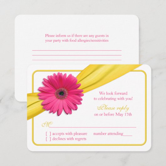 Roze Gerber Daisy Gele Lint Bruiloft RSVP Kaartje (Voorkant / Achterkant)