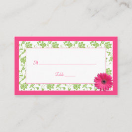 Roze Gerber Daisy Green Damask Wedding Place Cards Plaatskaartje