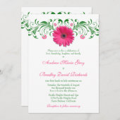 Roze Gerber Daisy Green Floral Wedding Invitation Kaart (Voorkant / Achterkant)