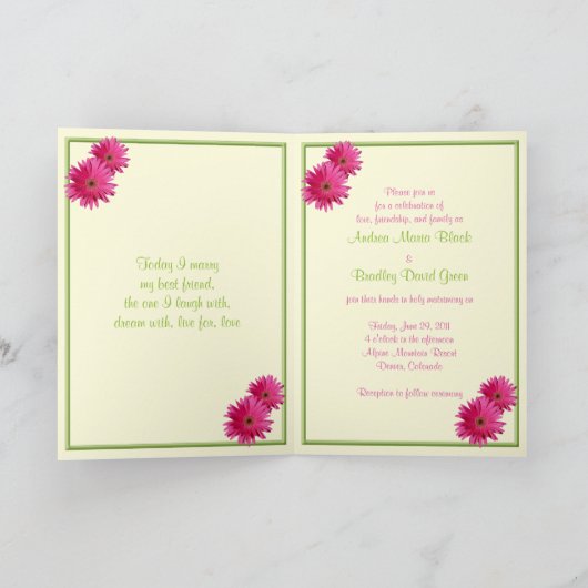 Roze Gerber Daisy Green Ribbon Wedding Uitnodiging (Binnen)