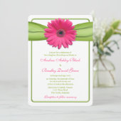 Roze Gerber Daisy Green Ribbon Wedding Uitnodiging (Staand voorkant)