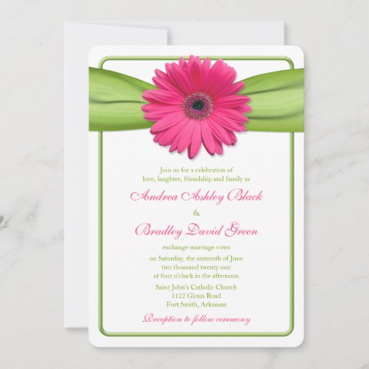Roze Gerber Daisy Green Ribbon Wedding Uitnodiging (Voorkant)