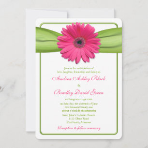 Roze Gerber Daisy Green Ribbon Wedding Uitnodiging