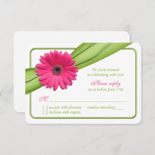 Roze Gerber Daisy Groene Lint Trouw RSVP (Voorkant / Achterkant)