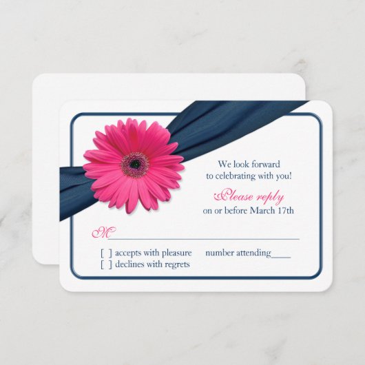 Roze Gerber Daisy Marineblauwe Lint Trouw RSVP (Voorkant / Achterkant)