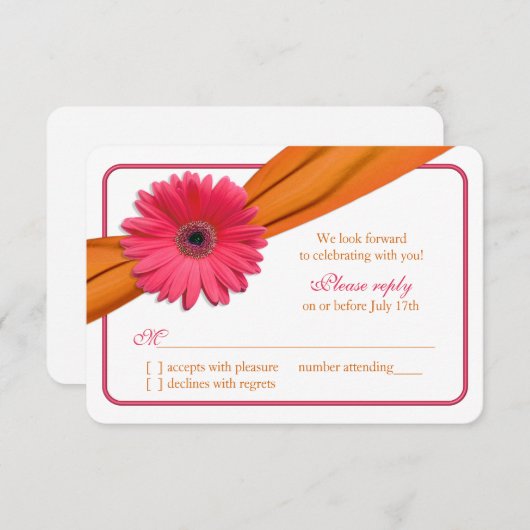 Roze Gerber Daisy Oranje Lint Trouw-Huwelijk RSVP (Voorkant / Achterkant)