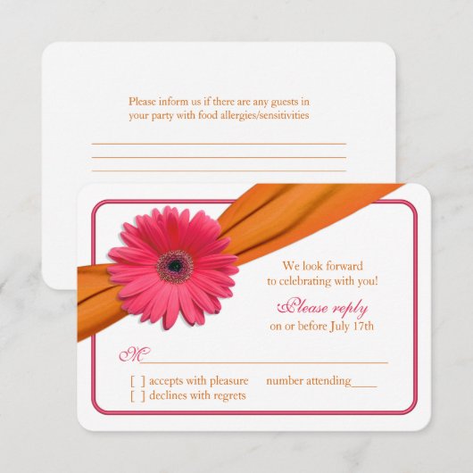 Roze Gerber Daisy Oranje Lint Trouw-Huwelijk RSVP (Voorkant / Achterkant)
