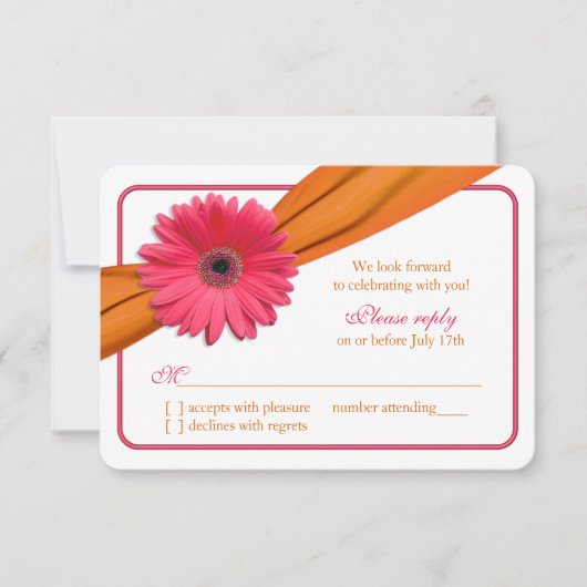 Roze Gerber Daisy Oranje Lint Trouw RSVP (Voorkant)