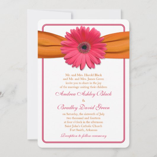 Roze Gerber Daisy Oranje Ribbon Wedding Rond Kaart (Voorkant)