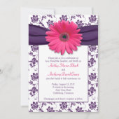 Roze Gerber Daisy Paars Damask Wedding Invitation Kaart (Voorkant)