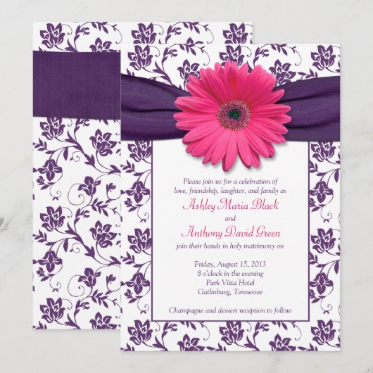 Roze Gerber Daisy Paars Damask Wedding Invitation Kaart (Voorkant / Achterkant)