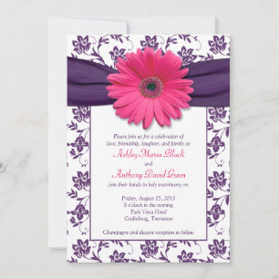 Roze Gerber Daisy Paars Damask Wedding Invitation Kaart