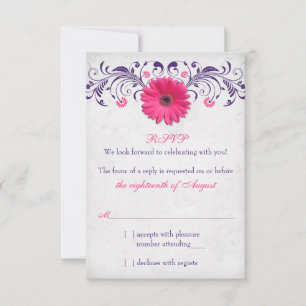 Roze Gerber Daisy Paars Grijs Bloemige Trouw RSVP Kaartje