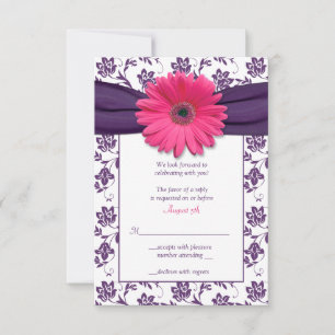 Roze Gerber Daisy Paarse Damast Huwelijksreactieka RSVP Kaartje