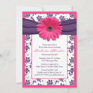 Roze Gerber Daisy Paarse Floral Ribbon Baby shower Kaart